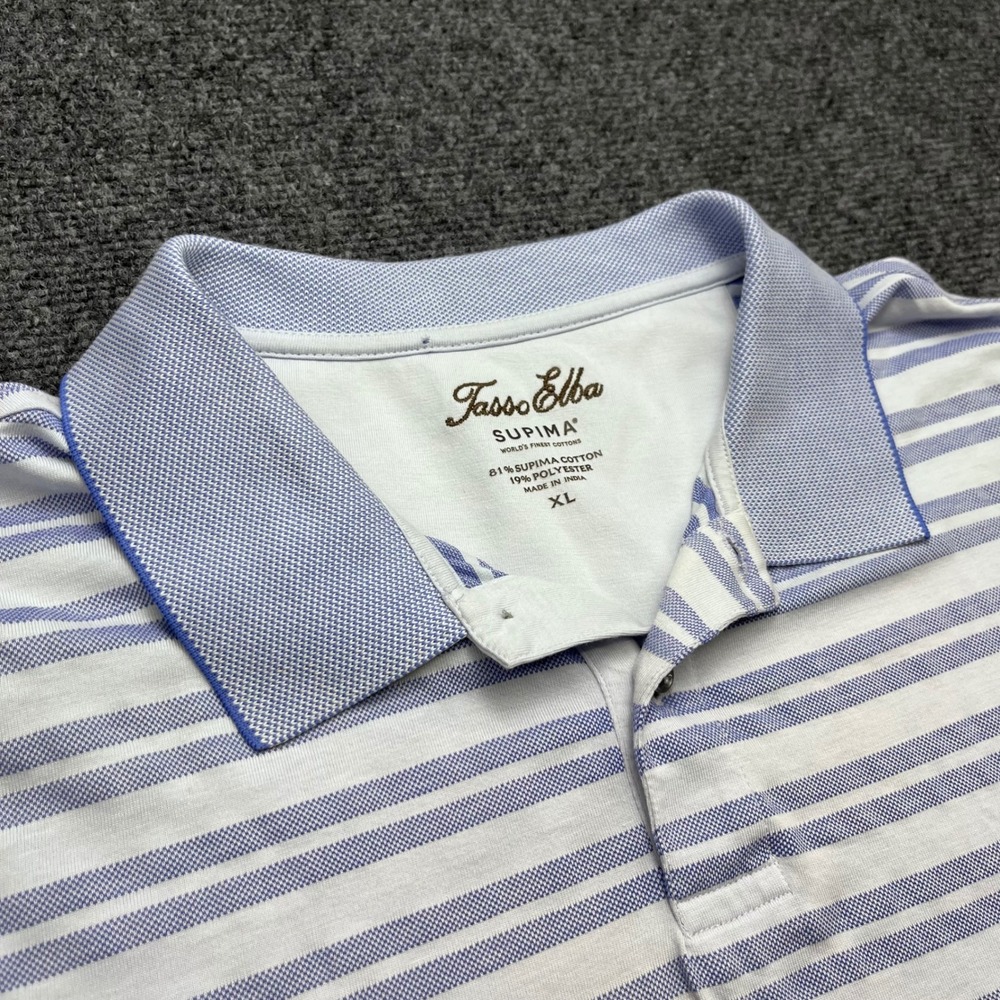 Tasso Elba Supima Cotton Pique Striped Blue White Short Sleeve Polo Shirt